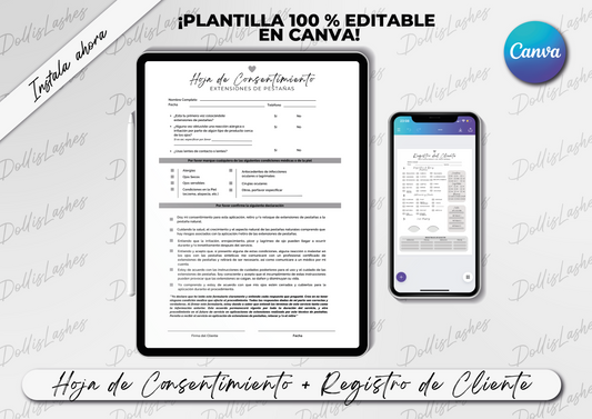 Plantilla Editable en Canva Hoja de consentimiento + Registro de Cliente