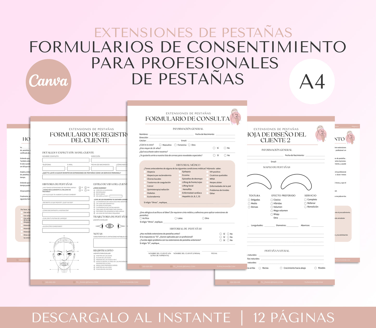 Formularios de Consentimiento de Extensiones de Pestañas Para Lashistas Profesionales Editables en Canva