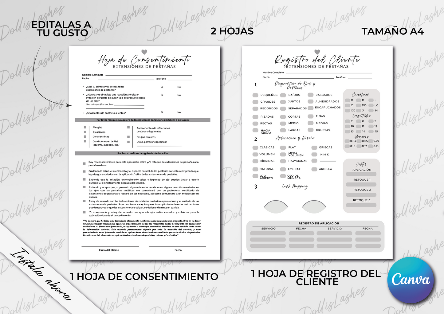 Plantilla Editable en Canva Hoja de consentimiento + Registro de Cliente