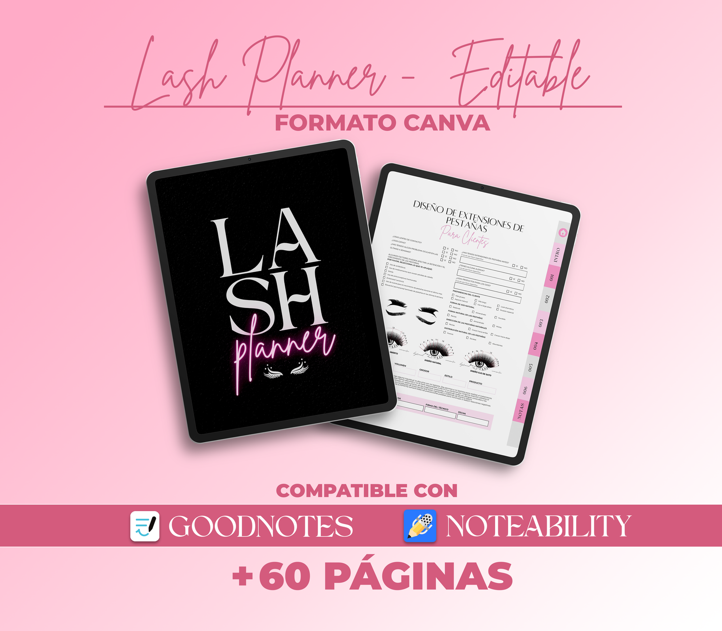 Paquete Lashista | Lash Planner Editable + Hojas de Practica de Mapeo de Pestañas formato PDF