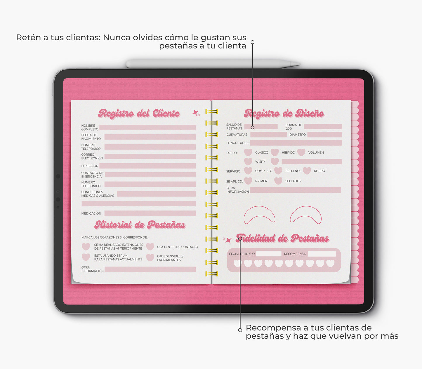 Libro de Registro del Cliente de Extensiones de Pestañas Formato Digital o Impreso