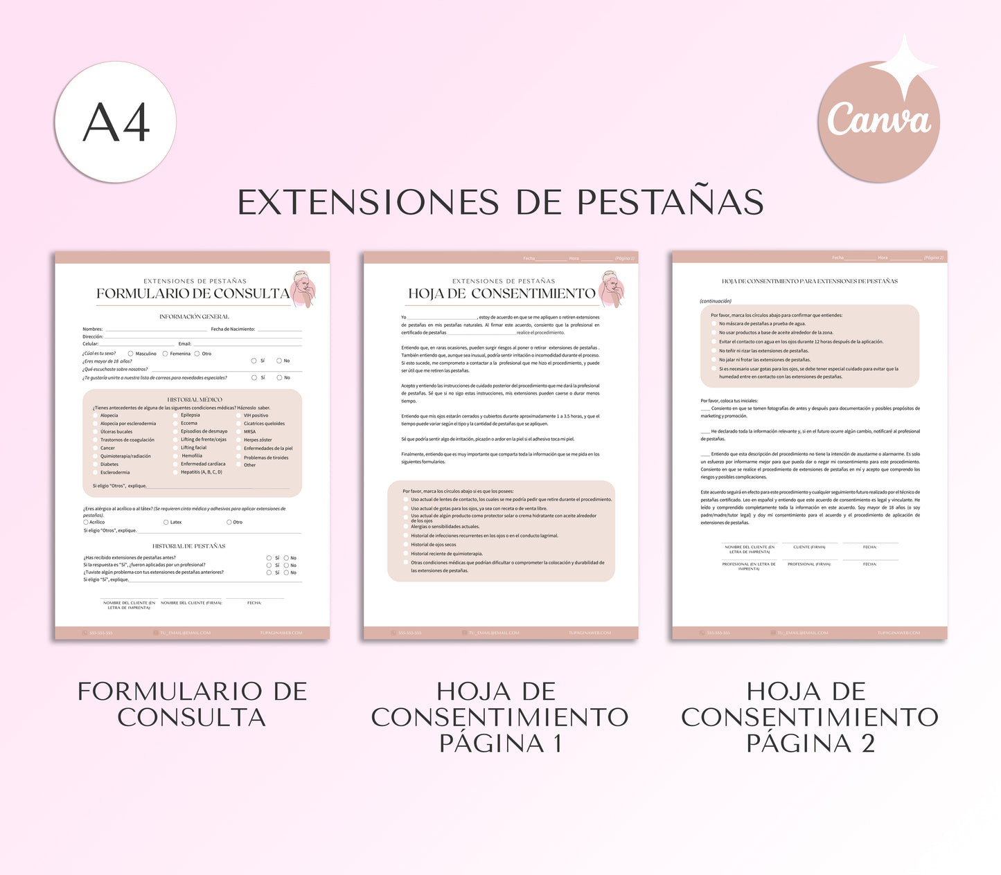 Formularios de Consentimiento de Extensiones de Pestañas Para Lashistas Profesionales Editables en Canva