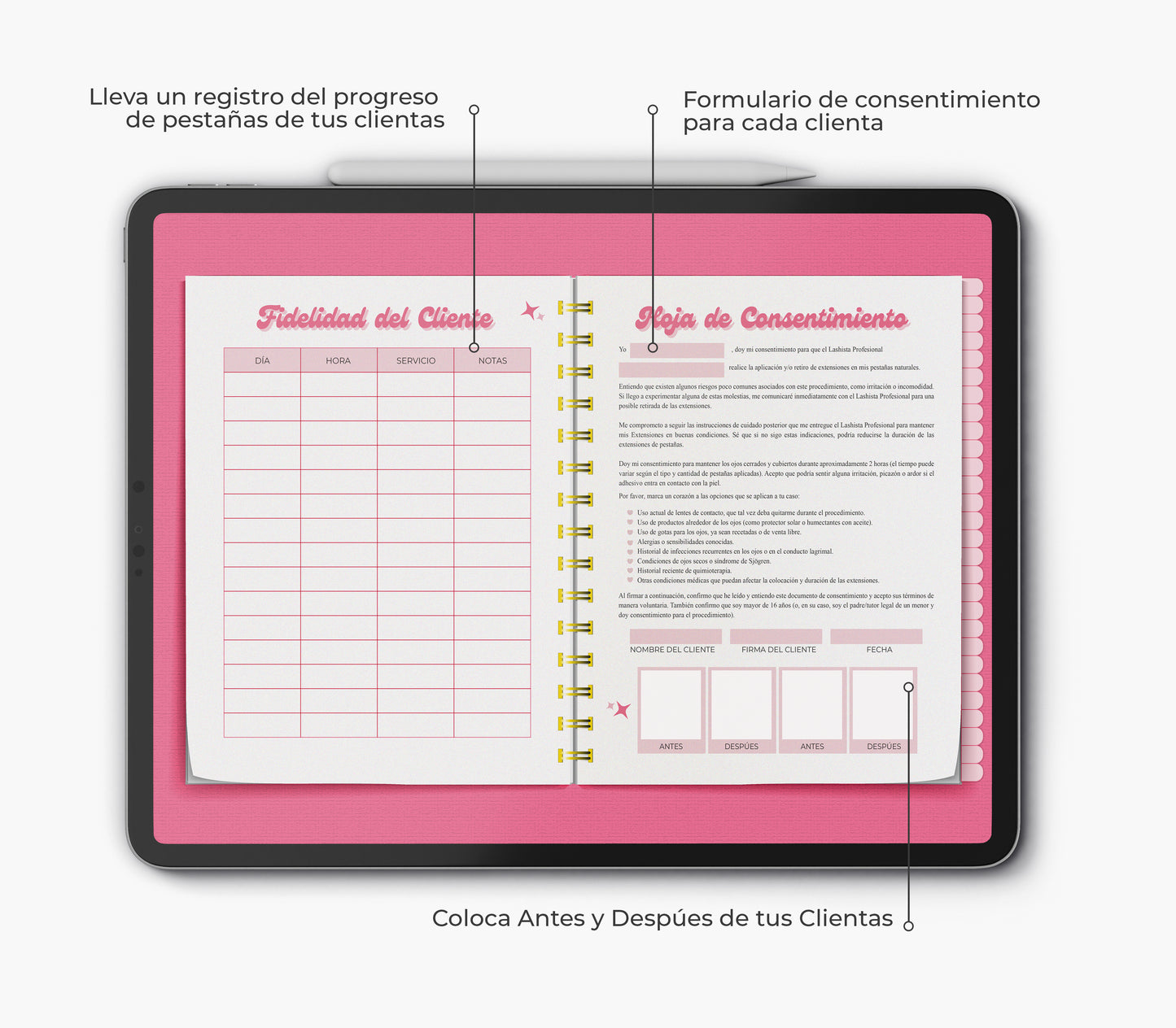 Libro de Registro del Cliente de Extensiones de Pestañas Formato Digital o Impreso