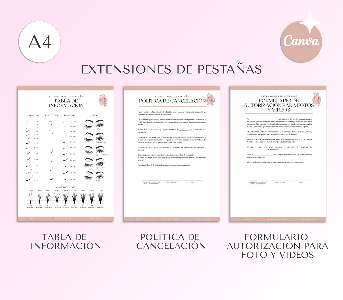 Formularios de Consentimiento de Extensiones de Pestañas Para Lashistas Profesionales Editables en Canva