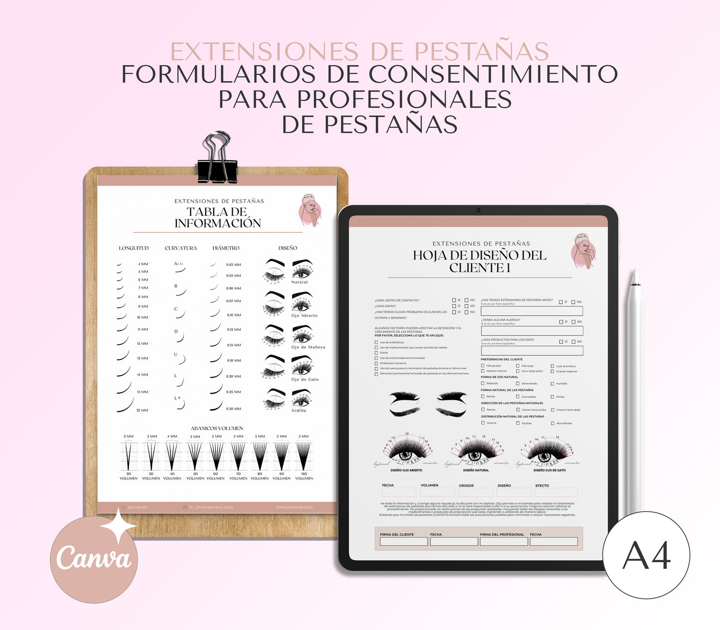 Formularios de Consentimiento de Extensiones de Pestañas Para Lashistas Profesionales Editables en Canva