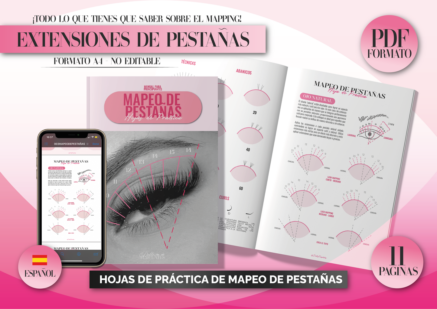 Paquete Lashista | Lash Planner Editable + Hojas de Practica de Mapeo de Pestañas formato PDF