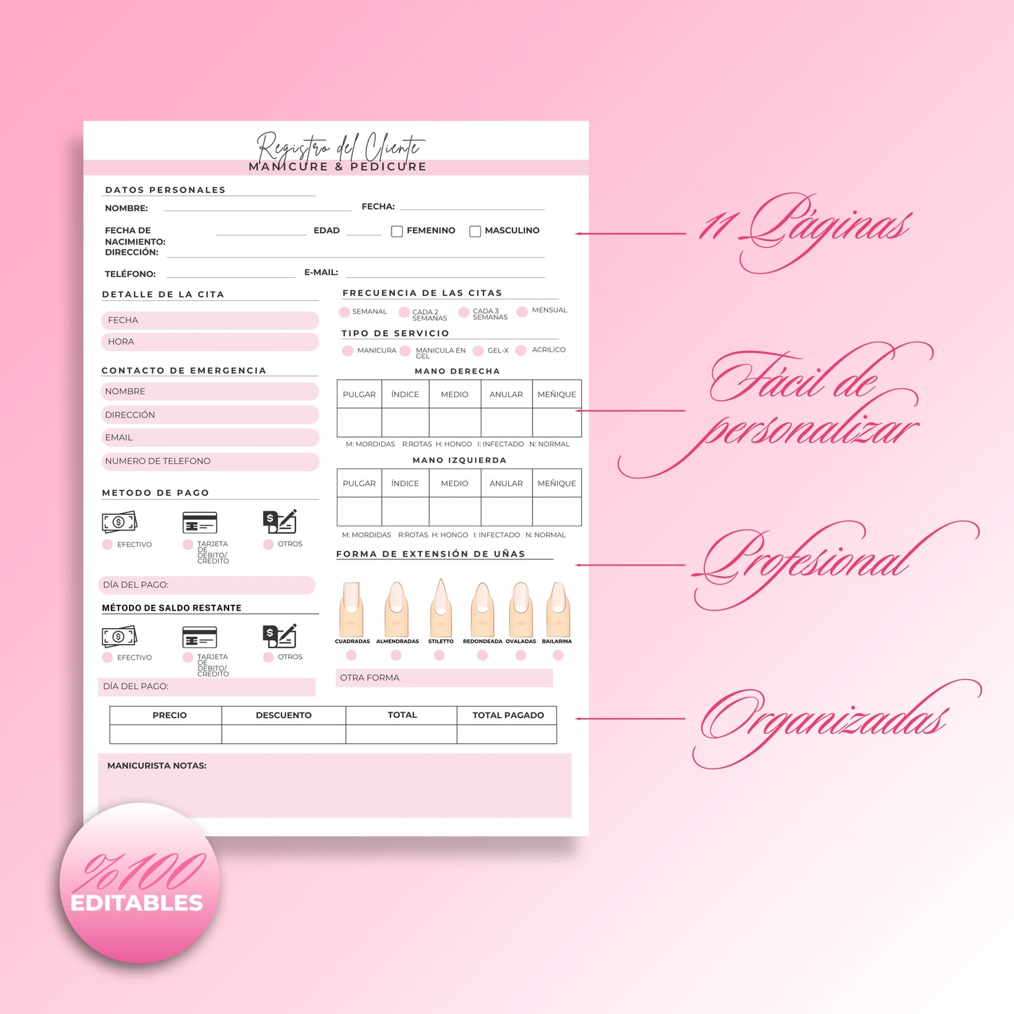 Paquete de Formularios para Manicuristas 100% Editables en Canva