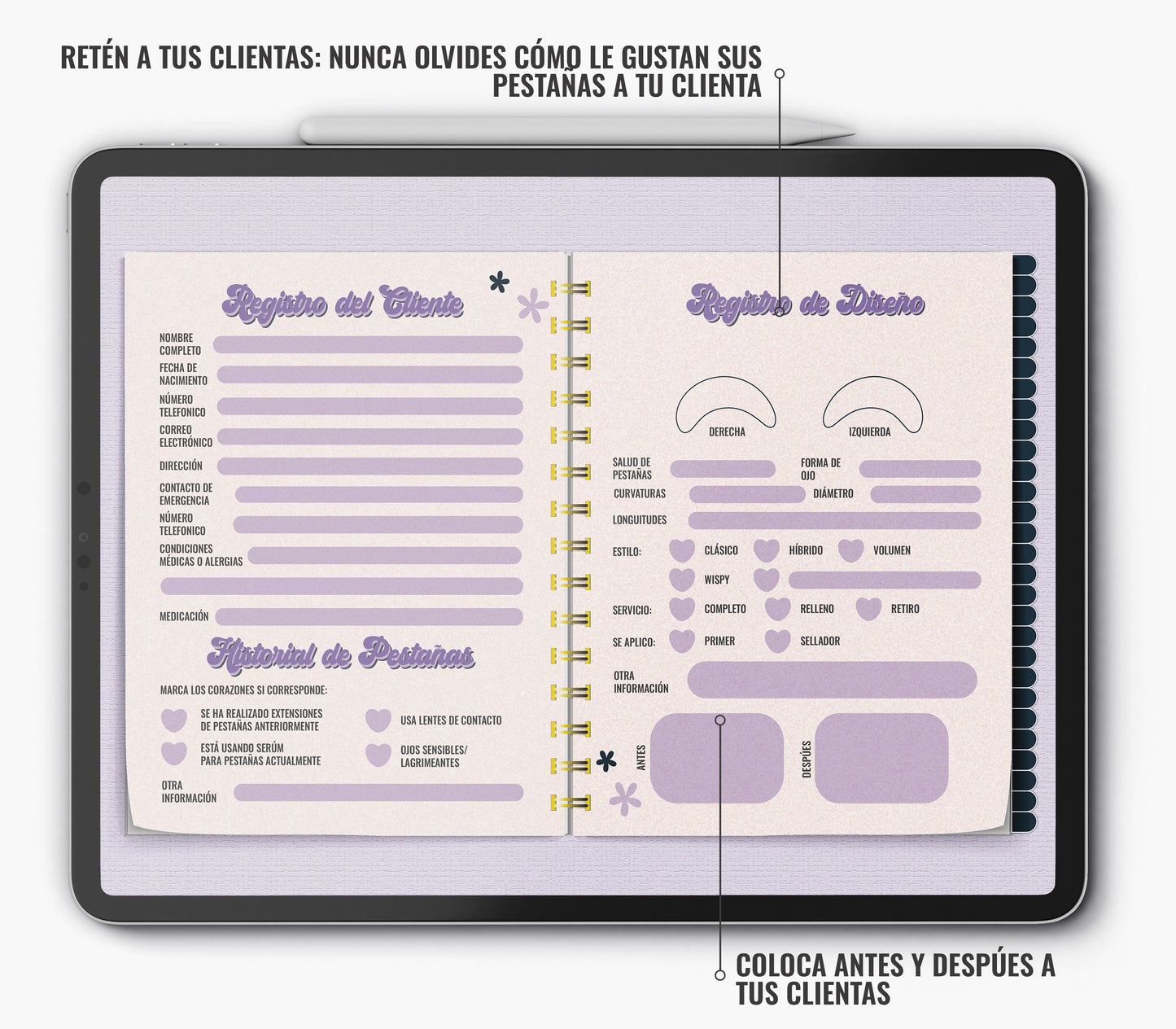 Libro de Registro del Cliente de Extensiones de Pestañas Formato Digital