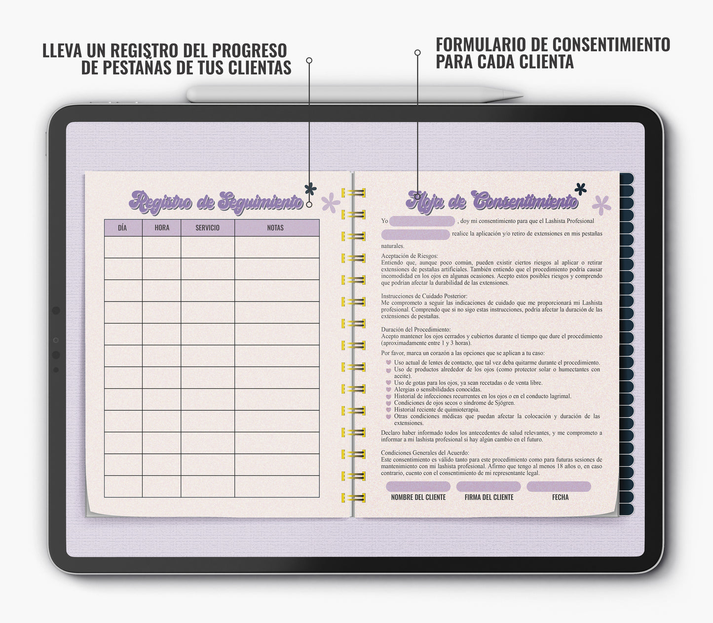 Libro de Registro del Cliente de Extensiones de Pestañas Formato Digital